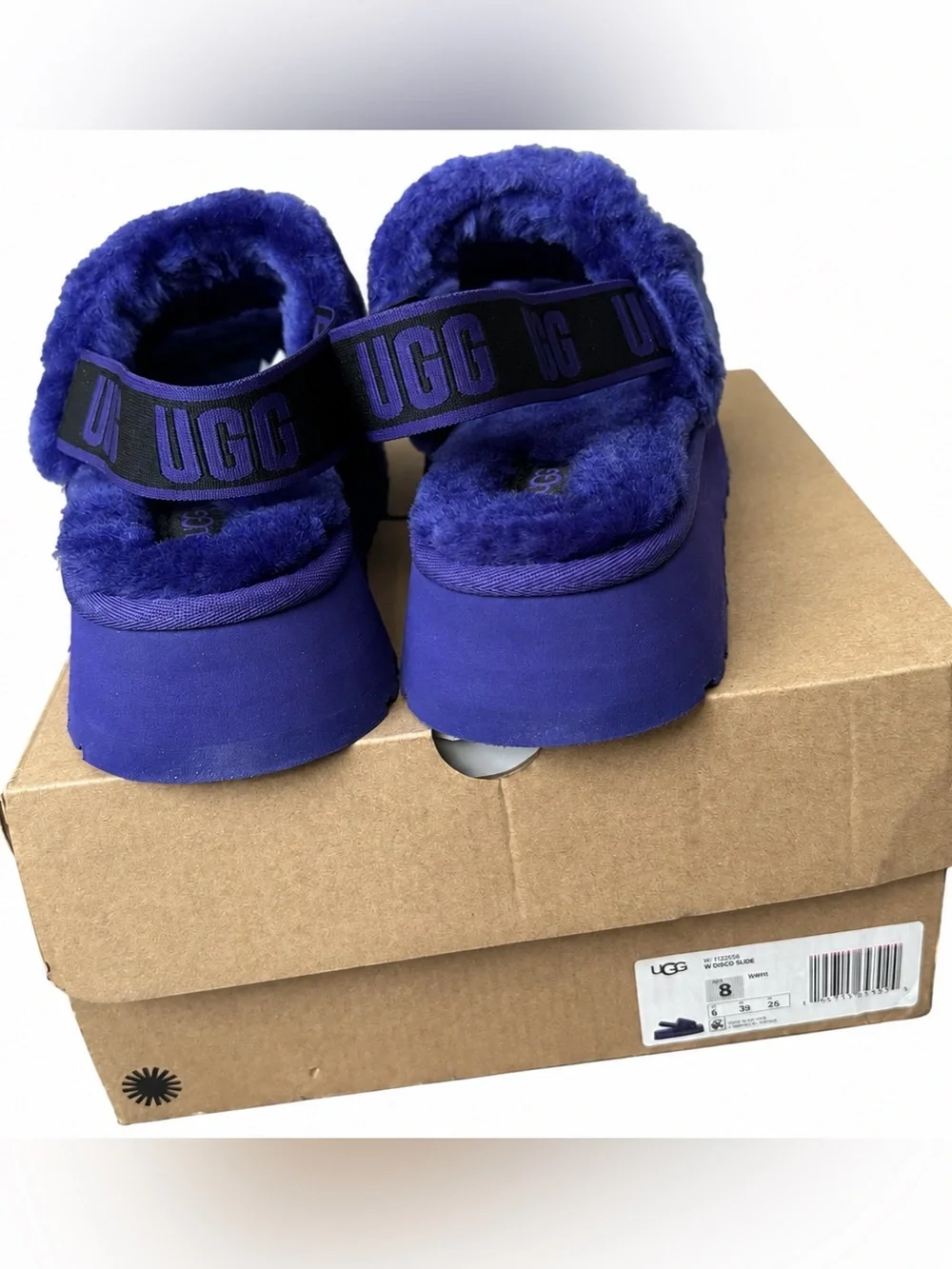 UGG Purple Faux Fur Platform Slingback Sandals Size 8 NWT & Box